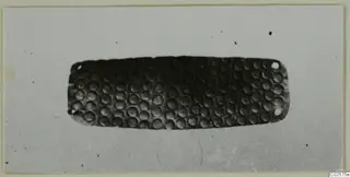 Rectangular metal sheet with rows of round dimples and small holes near the corners, Enkomi find