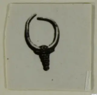 Earring: an open hoop with a cone-shaped element at its base, photographed on a pale card mount.