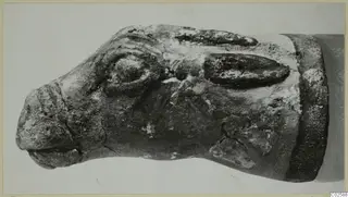 Faience rhyton from Enkomi in the form of an animal head, photographed from the side.