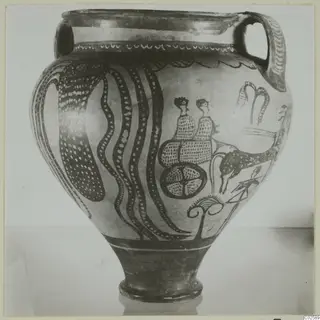 Pottery Levanto-Helladic Ware Amphora-Crater with dark painted wavy bands, dotted motifs, and animal and figure scenes on its body
