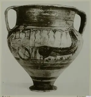 Amphora-crater of Levanto-Helladic Ware with two handles and painted dark motifs and bands on the body