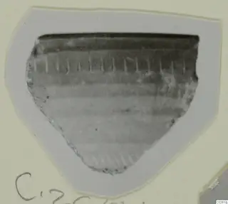 Pottery sherd with a dark rim band and short vertical marks on its upper body, mounted on a white card