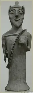 Terracotta figure of a standing human figure with a flared base and a notched band across the chest