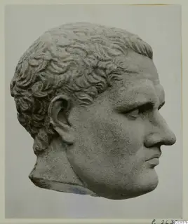 Marble head of a man in right profile, with short curly hair, shown against a plain background.