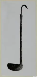 Long-handled metal ladle with a hooked, bird-head-shaped end and a shallow bowl, photographed against a plain grey background.