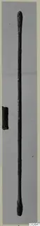 Long slender metal rod with thickened ends and a short fragment beside it, photographed on a grey background