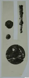 Corroded metal discs and an elongated metal rod, photographed on a mounted card, from Marion