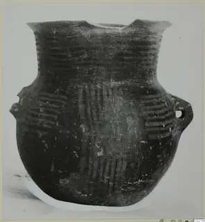 Dark-surfaced jar with a flaring rim, incised horizontal and vertical bands and two lug handles, on a pale background
