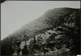 Steep hillside with scrub, bushes and a winding track, at Vouni, Paradisotissa and Loures.