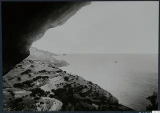 View from under a rock overhang over a scrubby coastal slope with trees, with the calm sea stretching to the horizon