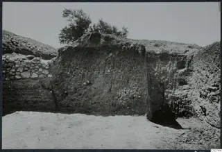 Soil profile at Mersinaki: a tall vertical earth section beside a stone wall in an excavation trench.