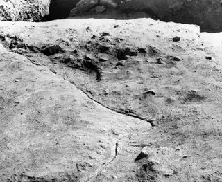 Excavated sandy surface at Mersinaki with the curving outline of a pit cut into the natural sand
