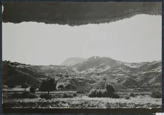 View over scrubby hills and scattered trees from the tent at Mersinaki, toward Vouni