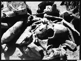 Carved stone sculpture fragments lying in situ at Mersinaki, many marked with number labels