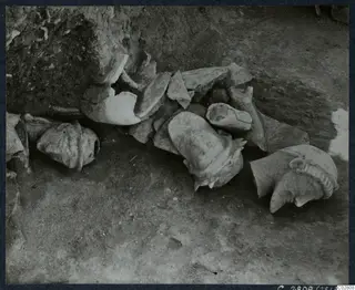 Broken pale fragments, including head-like pieces, lying in situ in pit L 19 at Mersinaki.
