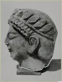 Limestone sculpture of a female head in profile, wearing a leafy wreath or band, with the base cut away at the neck.