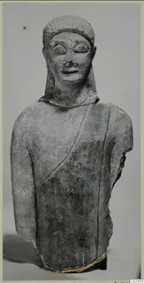 Limestone sculpture from Kition, a bust of a figure with a close-fitting head covering and a draped garment