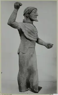 Limestone statue of a bearded male figure with one arm raised, from Kition