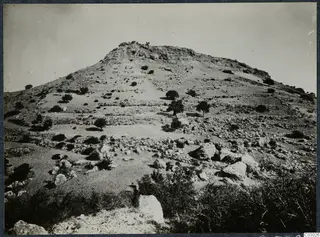 Rocky hill at Vouni with stone-lined terraces, scattered bushes and trees on the slopes