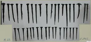Nails from find group M.22 at Marion, laid out in two rows on a mounted photograph