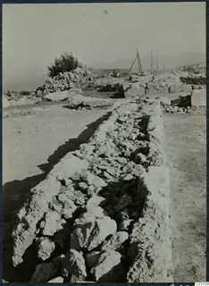 Long stone wall with a rubble core, a small tree and wooden posts at the palace at Vouni