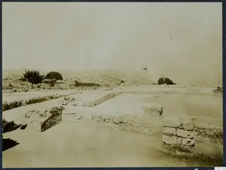 Excavated stone walls and a flat pale surface at Vouni Palace, with trees and hills beyond