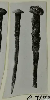 Two corroded metal nails from Marion, photographed side by side on a mounted card
