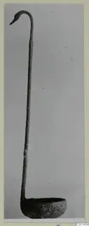Bronze ladle with a long curved handle ending in a hook-like terminal and a shallow round bowl.