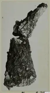 Heavily corroded metal object from Marion Tomb 37, shown on a photo mount