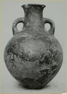 Round-bodied pottery vessel with two loop handles and a flared rim, photographed against a plain background