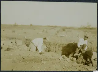 Three men digging in a shallow excavation at Soli, with rounded stones and a wooden stake beside them.