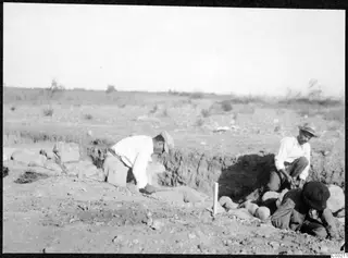 Three men digging with hoes and tools in a field at Soli, with a shallow trench and stones beside them.