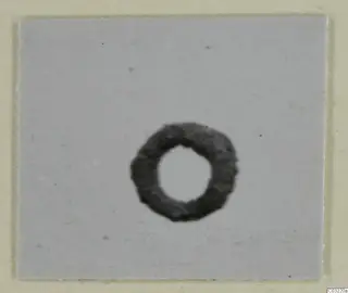 Small dark ring-shaped object, shown centred on a plain light grey background.