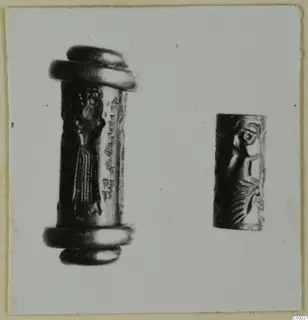 Two cylinder seals from Ayios Iakovos: the larger has ring-shaped caps and a carved figure with signs, the smaller a carved design.