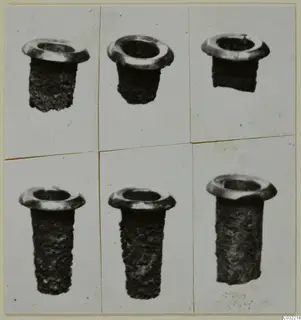 Six photographs of hollow cylindrical metal objects with flared rims, mounted together on a card