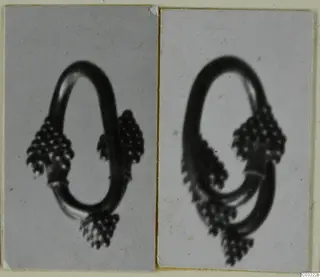 Two photographs of a gold hoop ring with clusters of granules, mounted side by side on a card