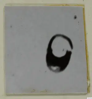 Blurred photograph of a dark, ring-shaped object on a pale square mount