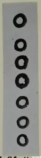Seven dark ring-shaped objects in a vertical row on a pale background, recorded as silver