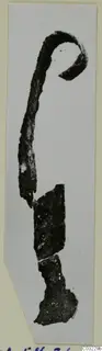Corroded metal implement with a curled hooked end, broken into dark fragments below