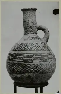 Pottery jug, White Painted I - II, from Lapithos, with cross-hatched and block-patterned painted bands