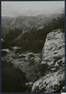 Hilly landscape with scrubby bushes and a rocky outcrop in the foreground, seen from the Vouni area.
