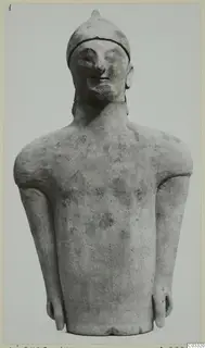 Terracotta Cypro-Greek I statuette from Ayia Irini, a standing figure with a rounded cap and arms held at the sides