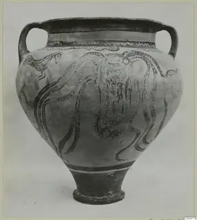 Two-handled pottery amphora-crater from Enkomi, painted with a large octopus and a bird.