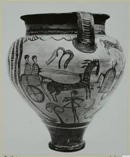 Pottery Levanto-Helladic Ware amphora-crater with painted figures, animals and a wheel