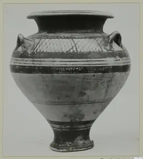 Pottery Levanto-Helladic Ware bowl-jar with two handles and a cross-hatched band on the shoulder