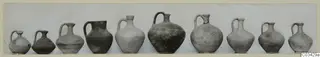 Row of ten jugs and juglets from Kountoura Trachonia, shown side by side.