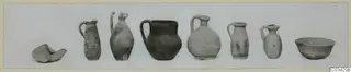 Row of eight pottery vessels from Kountoura Trachonia, Tomb 7, set out on a pale ground