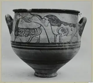Pottery amphora-crater with two handles and two painted animals on the body