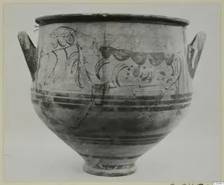 Levanto-Helladic Ware amphora-crater with two handles and dark painted bands and curving motifs