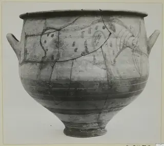 Pottery Levanto-Helladic Ware amphora-crater with two small handles, painted decoration and visible mended cracks